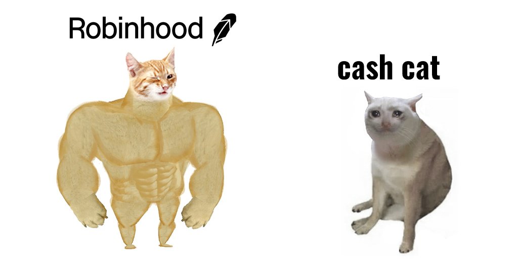 Buff doge-style cat labeled Robinhood next to crying cat labeled cash cat